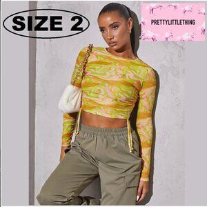 PrettyLittleThing, Green Swirl Jersey Tie Ruched Side Crop Top. Size: 2 (US) NWT